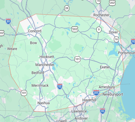 Map showing White Birch Plumbing service area in Southern New Hampshire